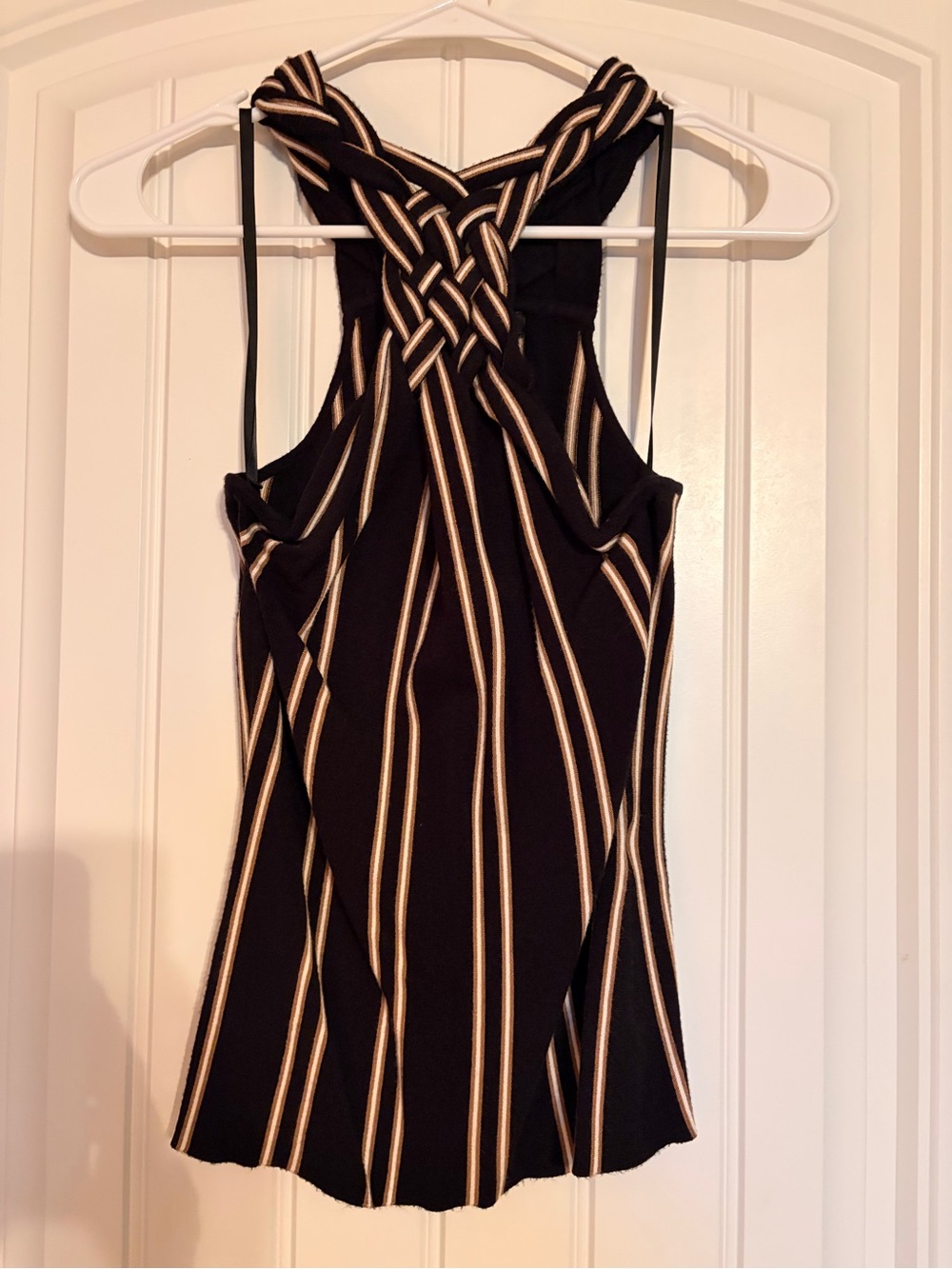 White House Black Market Black Tank Top with Cream Stripes and Braided Back
